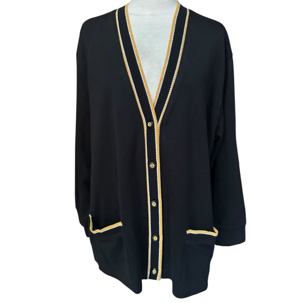 1980s eccotoo Yellow & White Trim w/Gold Metallic Acrylic/Poly Blend Cardigan‎
